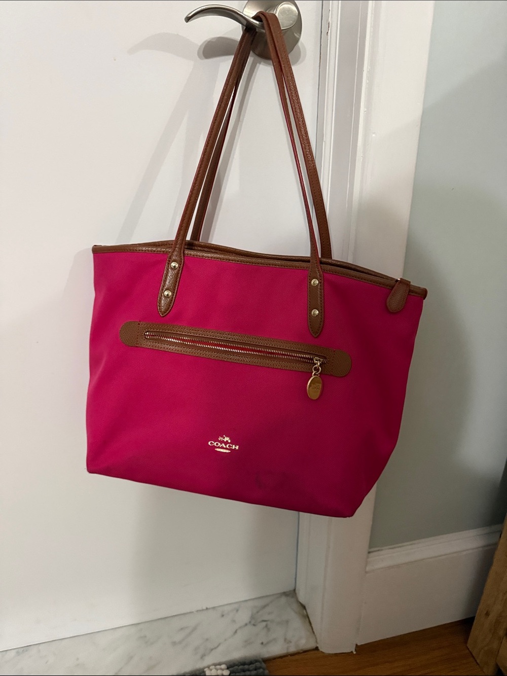 Coach Pink Tote with Brown Leather Trim